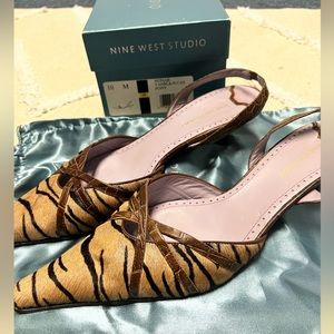 Nine West Tiger Print Sling Back Heel | Brown | 10 NONAR TANBLK CAS PONY